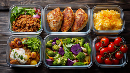 Weekly meal prep setup, healthy meals portioned each, day proper diet nutrition, balanced food planning, organized lifestyle display, with copy space