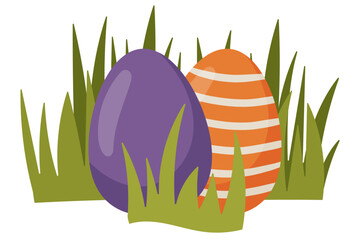 Flat vector illustration of colorful Easter eggs hidden in green grass. Spring seasonal artwork perfect for Easter holiday designs, greeting cards, invitations, posters, social media content