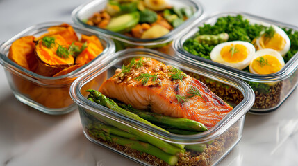 Healthy meal prep ideas, containers lunchboxes variety high, protein food salmon quinoa, avocado eggs asparagus, kale sweet potato, white background display, with copy space