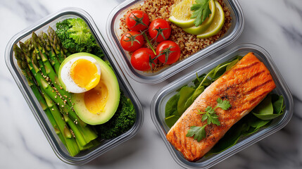 Healthy meal prep ideas, containers lunchboxes variety high, protein food salmon quinoa, avocado eggs asparagus, kale sweet potato, white background display, with copy space