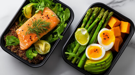Healthy meal prep ideas, containers lunchboxes variety high, protein food salmon quinoa, avocado eggs asparagus, kale sweet potato, white background display, with copy space
