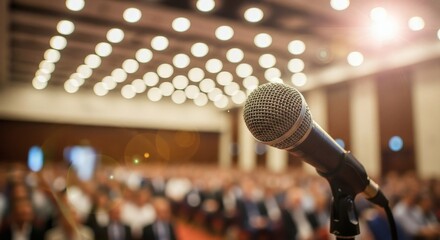 Microphone with glowing bokeh lights in a large conference hall, ready for a speaker addressing a blurred audience at a professional business event