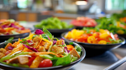 Freshly prepared meals vibrant, salads display cafeteria, healthy food presentation, nutritious options arrangement, institutional dining display, with copy space