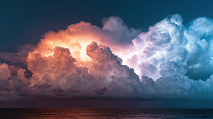 Hyper chromatic tropical storm clouds over vibrant ocean horizon with dramatic lightning illuminating sky in warm and cool tones