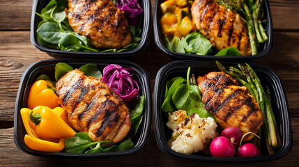 Freshly prepared meal prep, containers grilled chicken vegetables, healthy food display, balanced nutrition preparation, fitness diet planning, with copy space