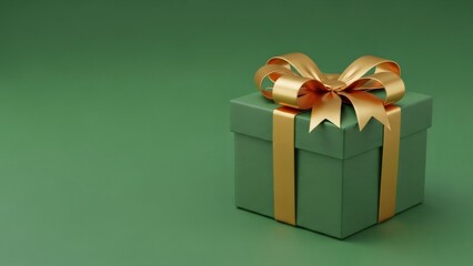 Fototapeta premium Green gift box with gold ribbon on a solid green background. Holiday present for birthday, Christmas, or anniversary celebration.