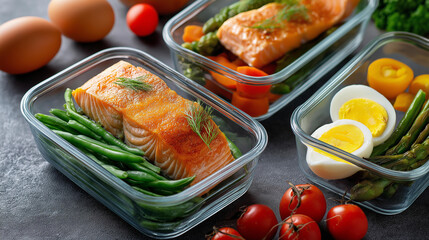 Healthy meal prep containers, salmon vegetables boiled eggs, nutritious protein display, balanced diet preparation, omega-3 food planning, with copy space