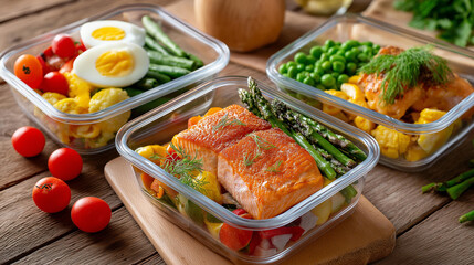 Healthy meal prep containers, salmon vegetables boiled eggs, nutritious protein display, balanced diet preparation, omega-3 food planning, with copy space
