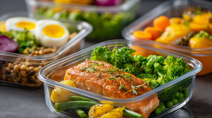 Healthy meal prep containers, salmon vegetables boiled eggs, nutritious protein display, balanced diet preparation, omega-3 food planning, with copy space