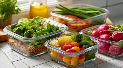 Healthy meal prep containers, fresh vegetables proteins grains, arranged white tiled, surface nutritious food, display balanced diet, with copy space