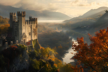 Majestic medieval castle overlooking serene river valley in autumn splendor