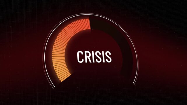 Digital crisis gauge meter dashboard escalating rapidly from orange to red, increasing risk, danger level rising, severity of emergency, economic downturn, or global threat warning. Copy space.