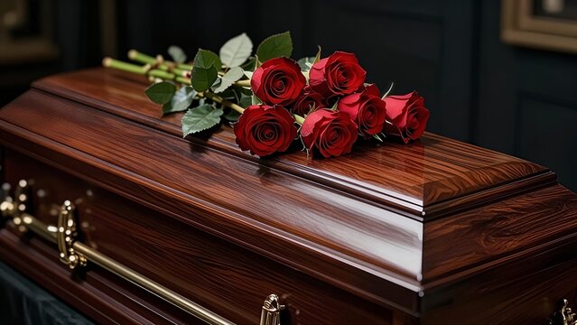 Close-up of a colorful coffin in a chapel before a funeral or burial in a cemetery.