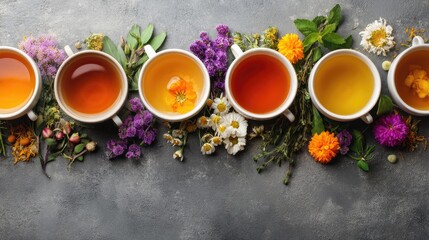 A Colorful Display of Herbal Teas in White Cups Surrounded by Fresh Botanical Ingredients on a Rustic Background for Wellness and Relaxation Themes