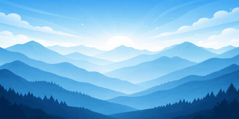 Obraz premium Panoramic mountain landscape at sunrise with a morning mist over the valley and forest hills under a blue sky with clouds