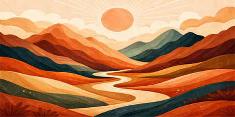 A vibrant orange sky glows over a summer mountain landscape where clouds and morning fog settle in the valley between desert hills at sunrise and sunset © Hena2