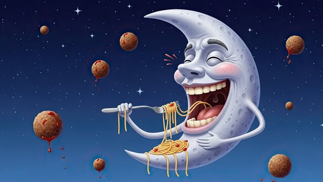Cartoon moon character eating spaghetti under starry night sky