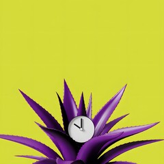 Purple plant with clock on yellow background
