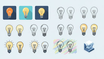 Collection of Light Bulb Icons Representing Ideas and Innovation.