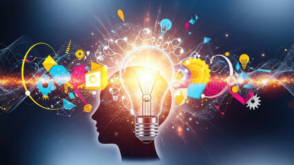 Conceptual image of a human head silhouette with a bright light bulb symbolizing innovation and ideas.