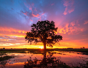 Obraz premium Captivating lone tree silhouette against a dramatic sunset sky with fiery orange and deep purple clouds, mirrored in a calm pool. A powerful metaphor for peace, growth, and resilience.