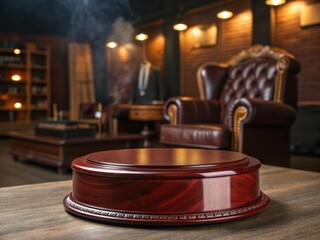 Luxurious mahogany display stand in a vintage gentleman's club with leather armchair