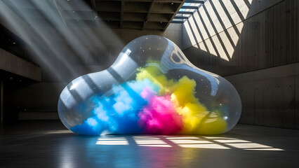 An artistic, translucent cloud-shaped structure filled with vibrant colored smoke, bathed in dramatic sunlight