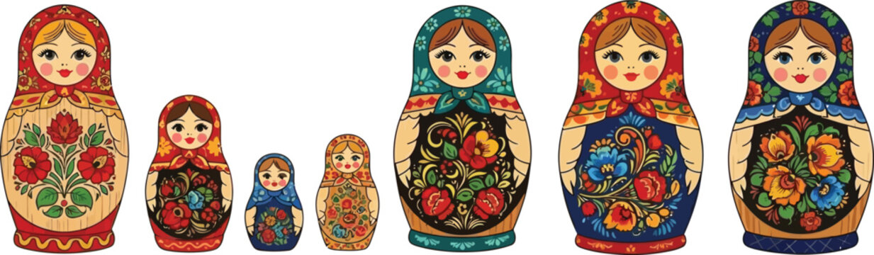 Russian nesting doll matryoshka set with colorful floral painting and traditional folk art design for souvenir concept