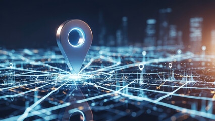 Digital Map Navigation with Glowing Location Pin and Cityscape.