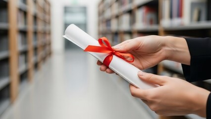 Woman with diploma scroll with red ribbon. Educational achievement and graduation concept. Success in academy.