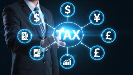 Businessman interacts with a digital holographic interface displaying the central concept of tax obligations connected to global currency symbols and financial data points - Powered by Adobe