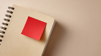 Close-up of spiral-bound notebook with blank beige cover and red sticky note on smooth beige background