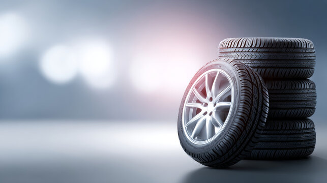Stack of four black car tires with one tire leaning against them on a smooth reflective surface with soft lighting and blurred background
