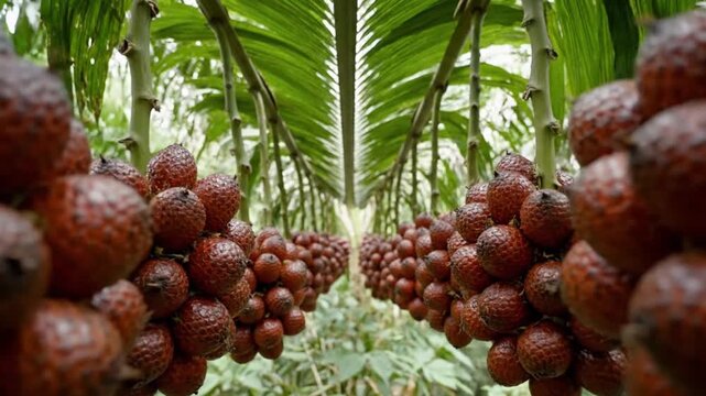 Rows of palm trees laden with large clusters of reddish-brown fruits in a tropical plantation.