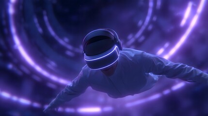 Virtual Reality Journey: A person wearing a virtual reality headset immersed in a futuristic tunnel, experiencing the cutting-edge of technology and the boundless possibilities of virtual exploration.