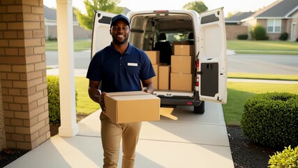 Brightly Lit Suburban Driveway With Courier Unloading Items From Van Smiling