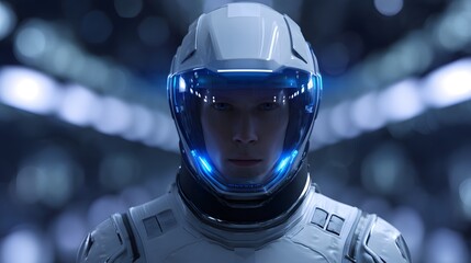 Astronaut in futuristic helmet: A determined astronaut wearing a futuristic helmet and space suit, embodies the spirit of exploration and technological advancement.