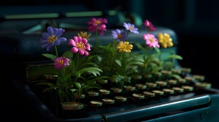 Typewriter's Garden: Delicate, vibrant flowers bloom, emerging from an antique typewriter, symbolizing the intersection of past and present, creativity.