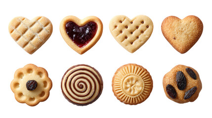 Assortment of heart shaped cookies biscuits pastries sweets on transparent background