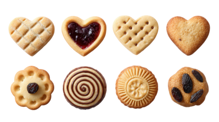 Assortment of heart shaped cookies biscuits pastries sweets on transparent background