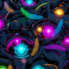 Dreamlike abstract composition of liquid glass feathers and luminous orbs in glossy surreal fantasy design