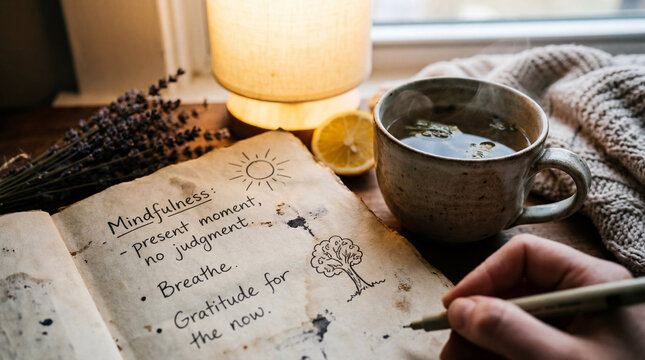 Person scribes in an open journal with sun drawing and mindfulness notes, next to a steaming cup of tea, slice of lemon, and soft lavender bouquet on a relaxed morning.
