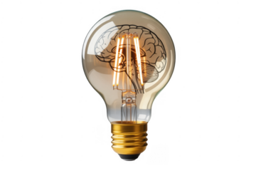 Light Bulb with Brain glowing clear glass filament isolated on a transparent background