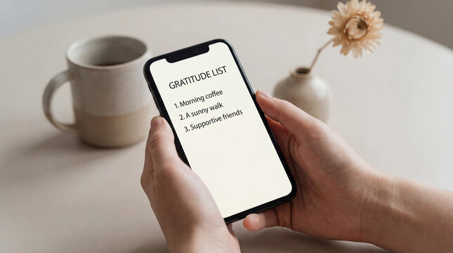 On a bright morning, a person holds a phone displaying a gratitude list. Next to the phone sits a warm cup of coffee and a small vase with a delicate flower. - Powered by Adobe