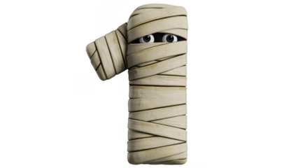 Mummy wrapped around a number one sign cartoon isolated on a transparent background