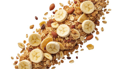 Fototapeta premium Flying Granola With Banana Slices And Nuts For Healthy Breakfast And Snack Concept On Transparent Background