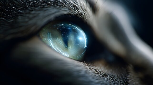 Mystical Cat Eye: A close-up view captures the mesmerizing gaze of a cat's eye. The eye glows with an ethereal, otherworldly light, radiating curiosity, mystery, and an enigmatic allure. 