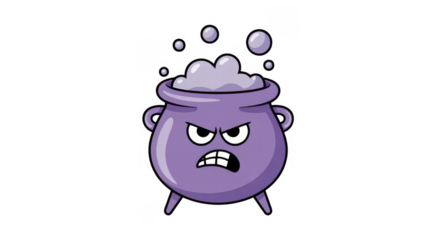 Purple cartoon cauldron with angry face and bubbles isolated on a transparent background