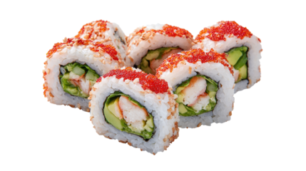 Delicious sushi rolls pieces with red tobiko caviar on transparent background