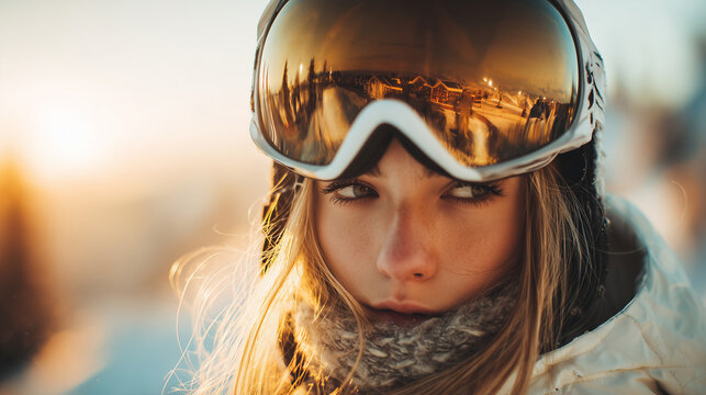 Golden-hour close-up of snowboarder&mdash;city skyline reflected in visor, wind-bitten cheeks and focus